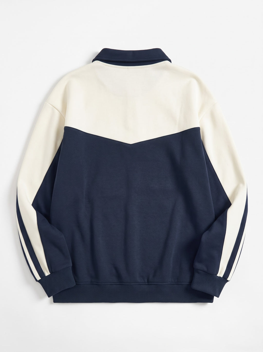 Retro Stripe Embroidered Half-Zip Polo Sweatshirt Cream & Navy Blue