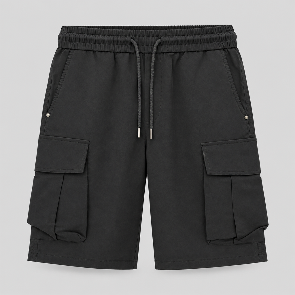 Black Utility Pleated Cargo Shorts