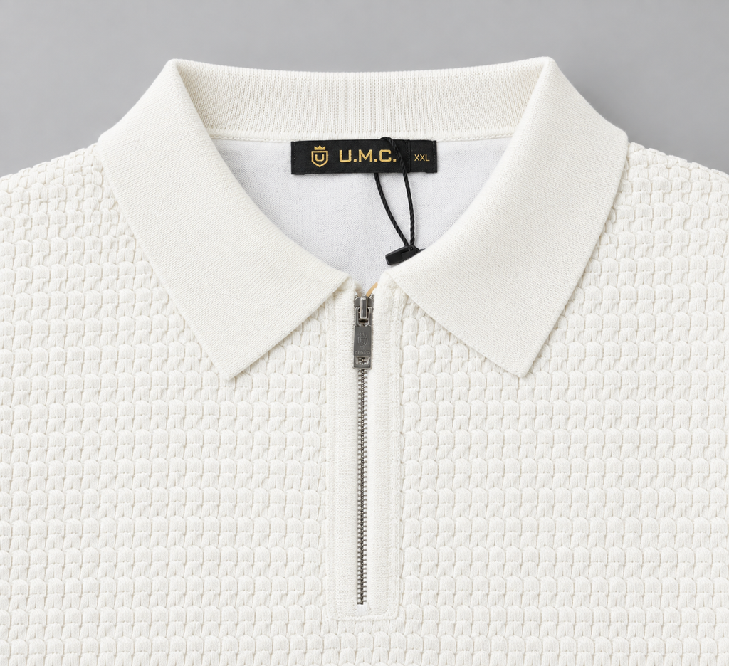 Alabaster Ivory Textured Knitted Zip Polo