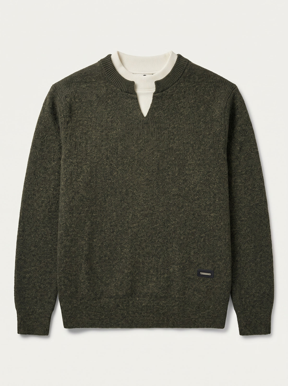 Olive Green Textured V-Notch Layered Knit