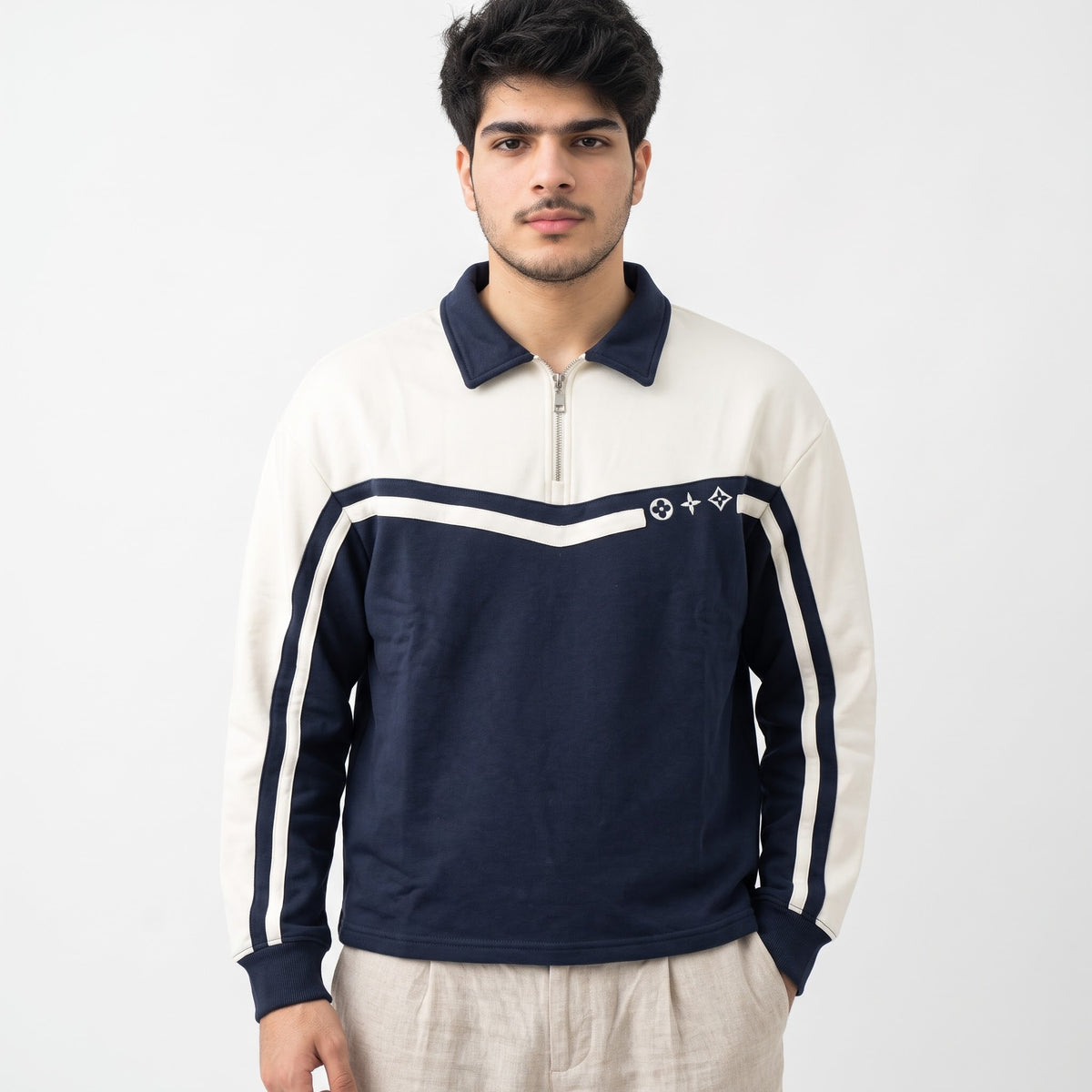Retro Stripe Embroidered Half-Zip Polo Sweatshirt Cream & Navy Blue