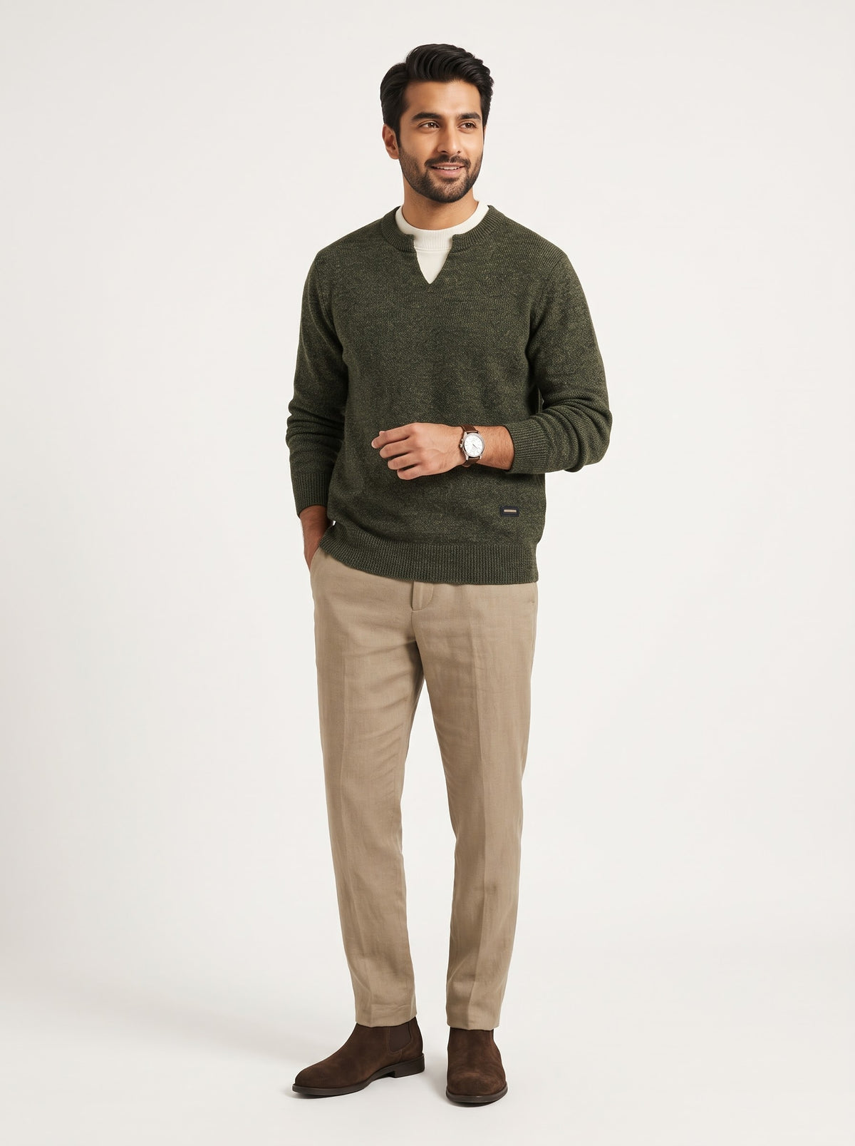 Olive Green Textured V-Notch Layered Knit