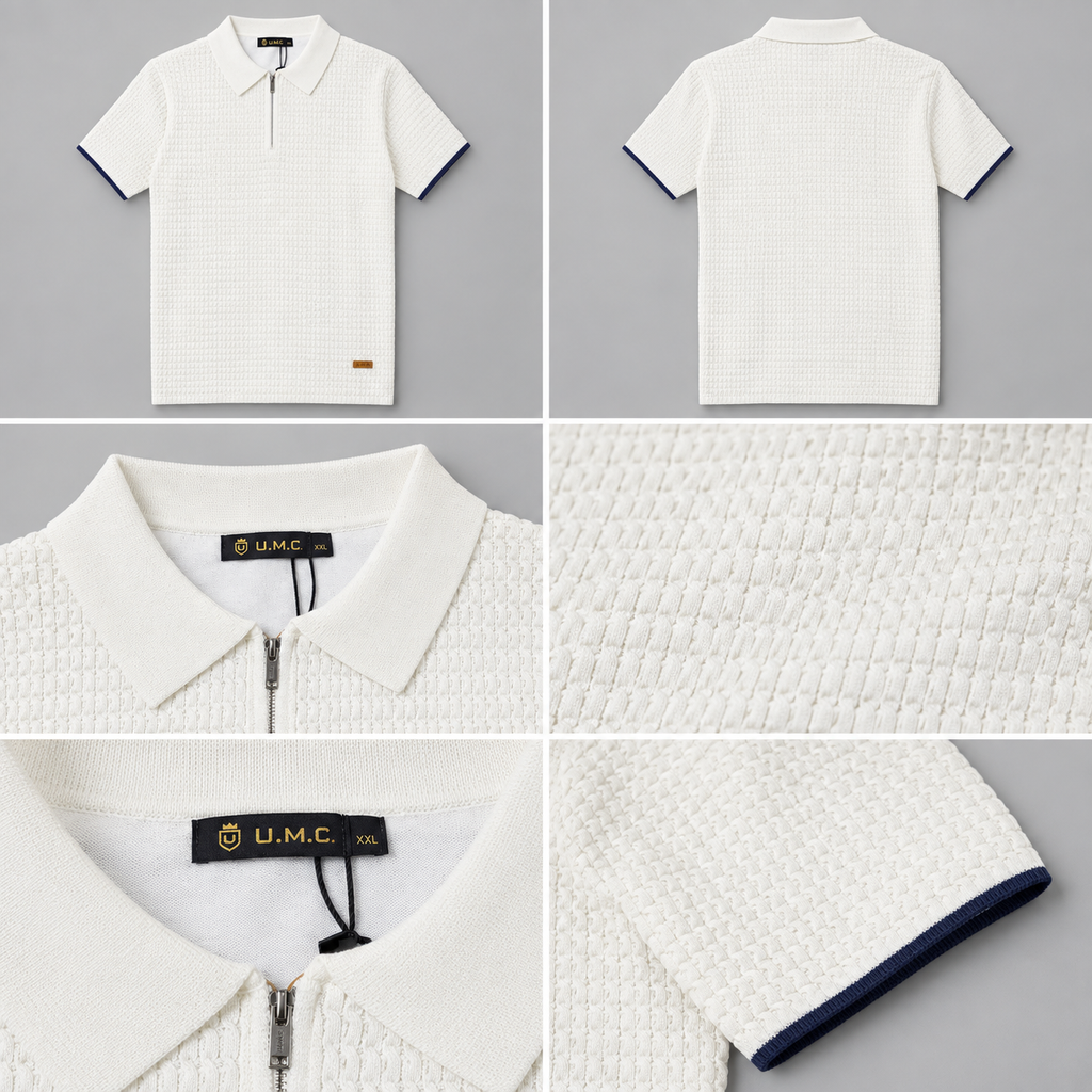 Alabaster Ivory Textured Knitted Zip Polo