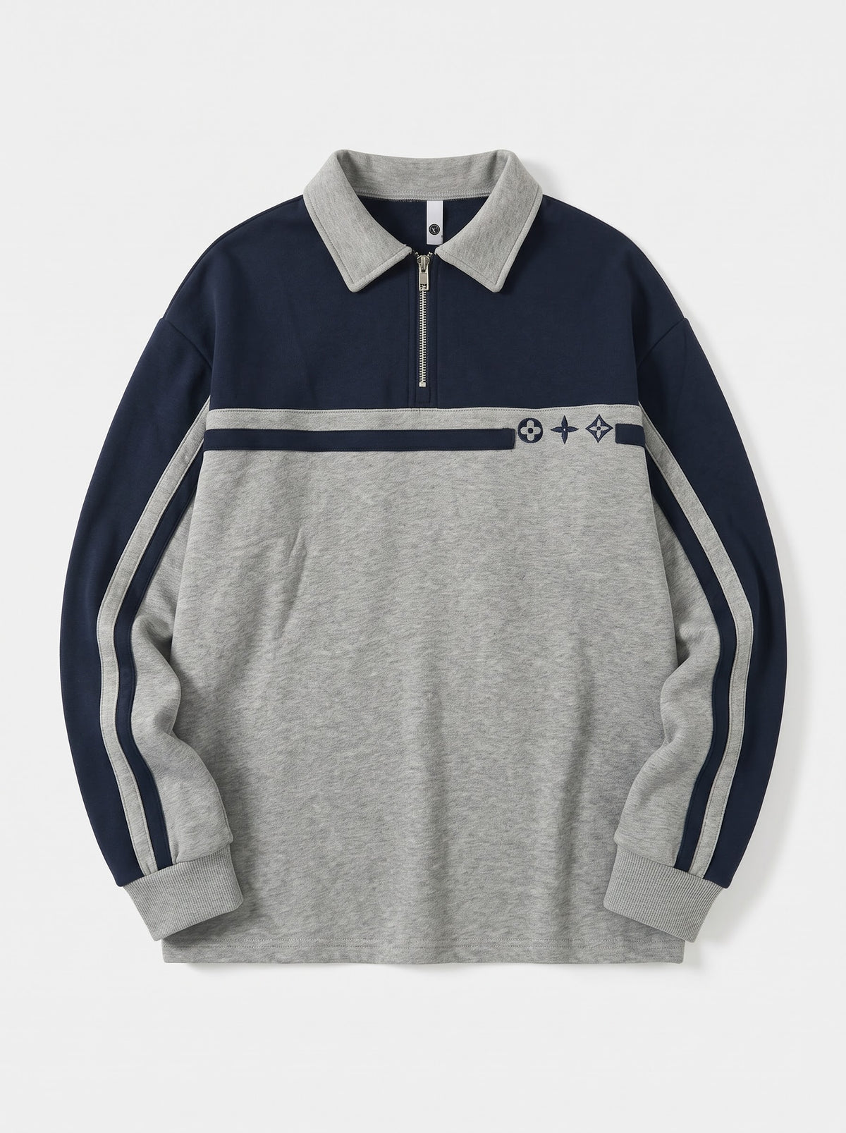 Retro Stripe Embroidered Half-Zip Polo Sweatshirt Heather Grey & Navy Blue