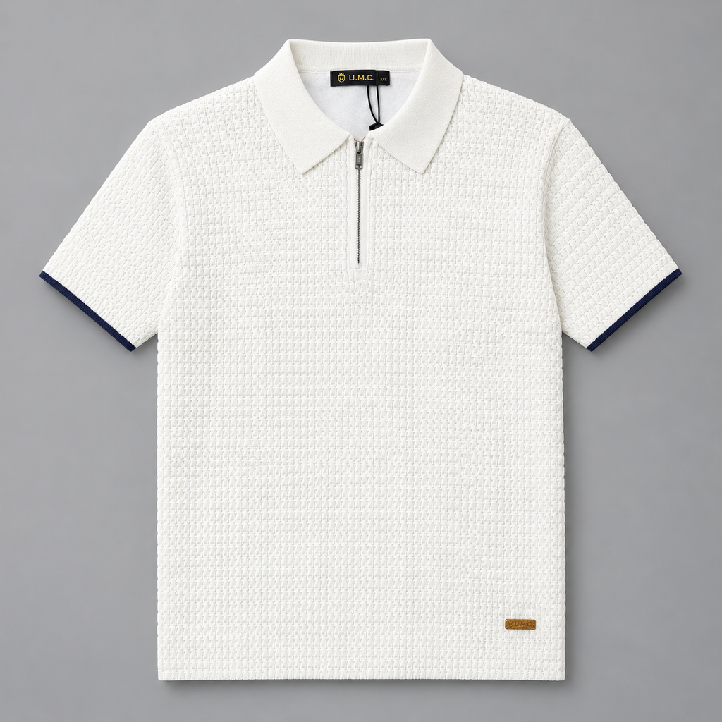 Alabaster Ivory Textured Knitted Zip Polo