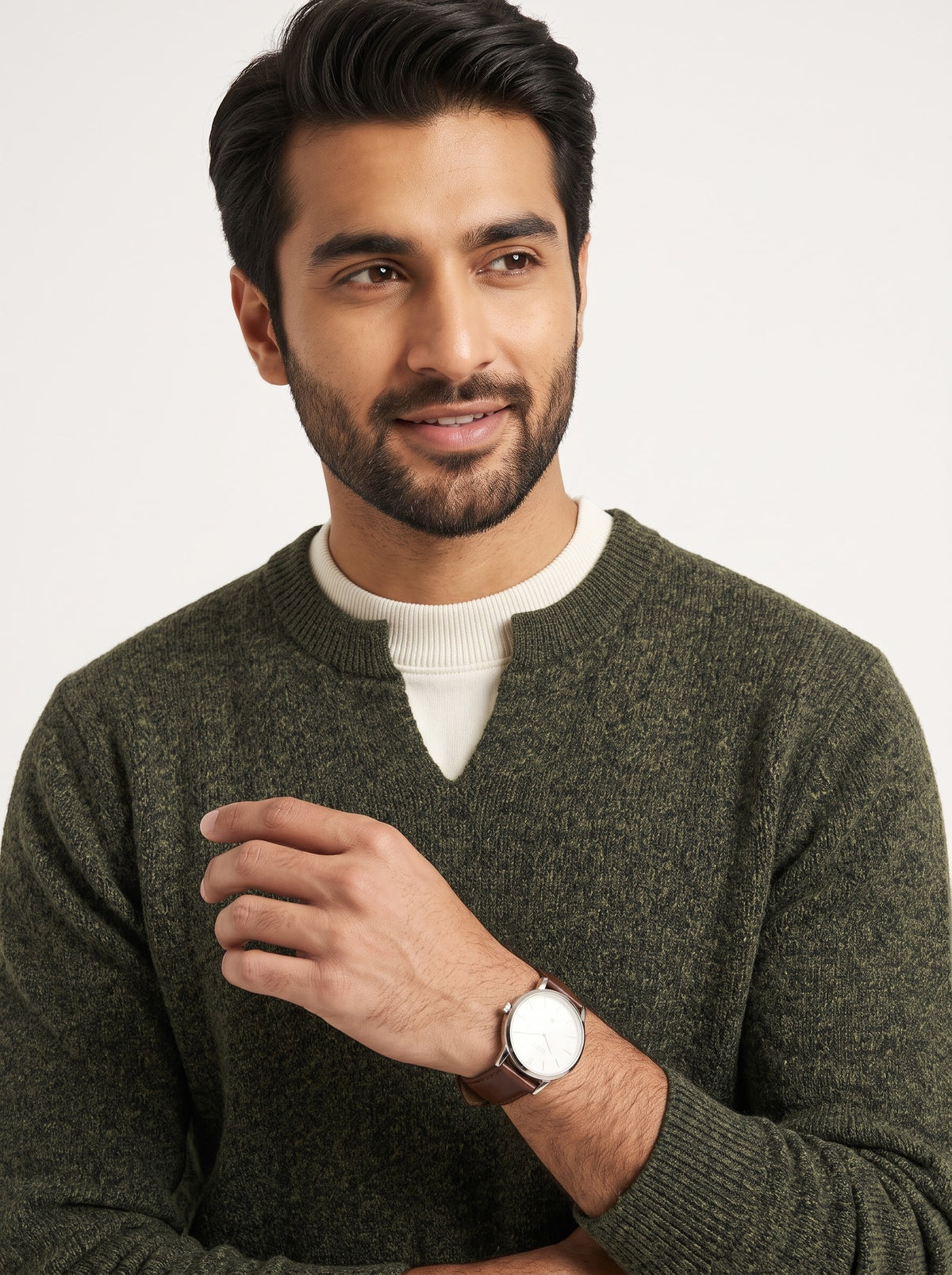 Olive Green Textured V-Notch Layered Knit