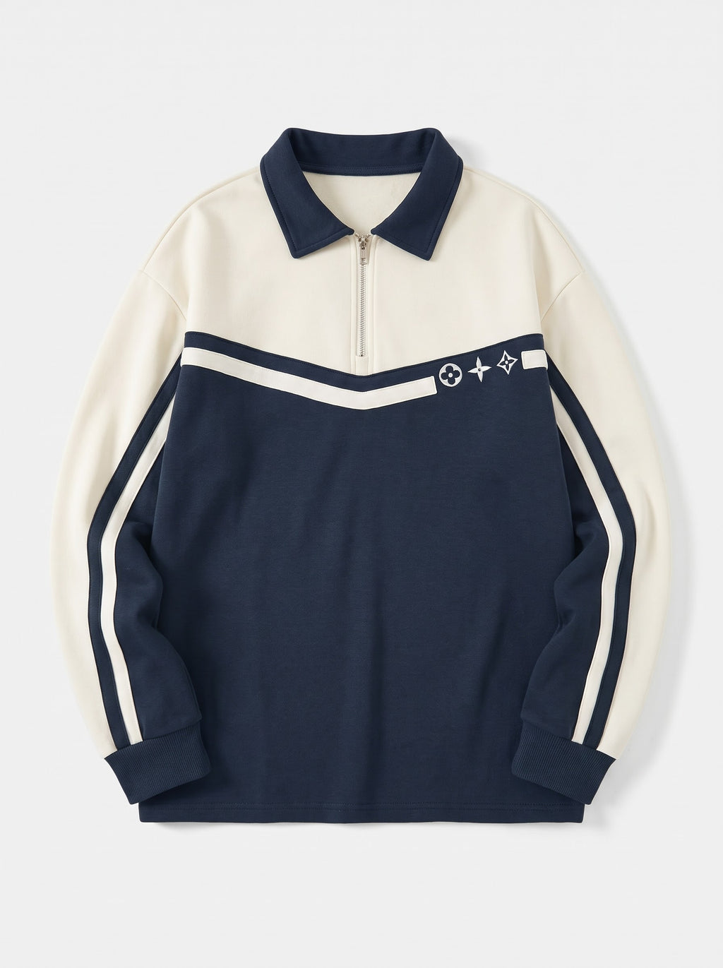 Retro Stripe Embroidered Half-Zip Polo Sweatshirt Cream & Navy Blue