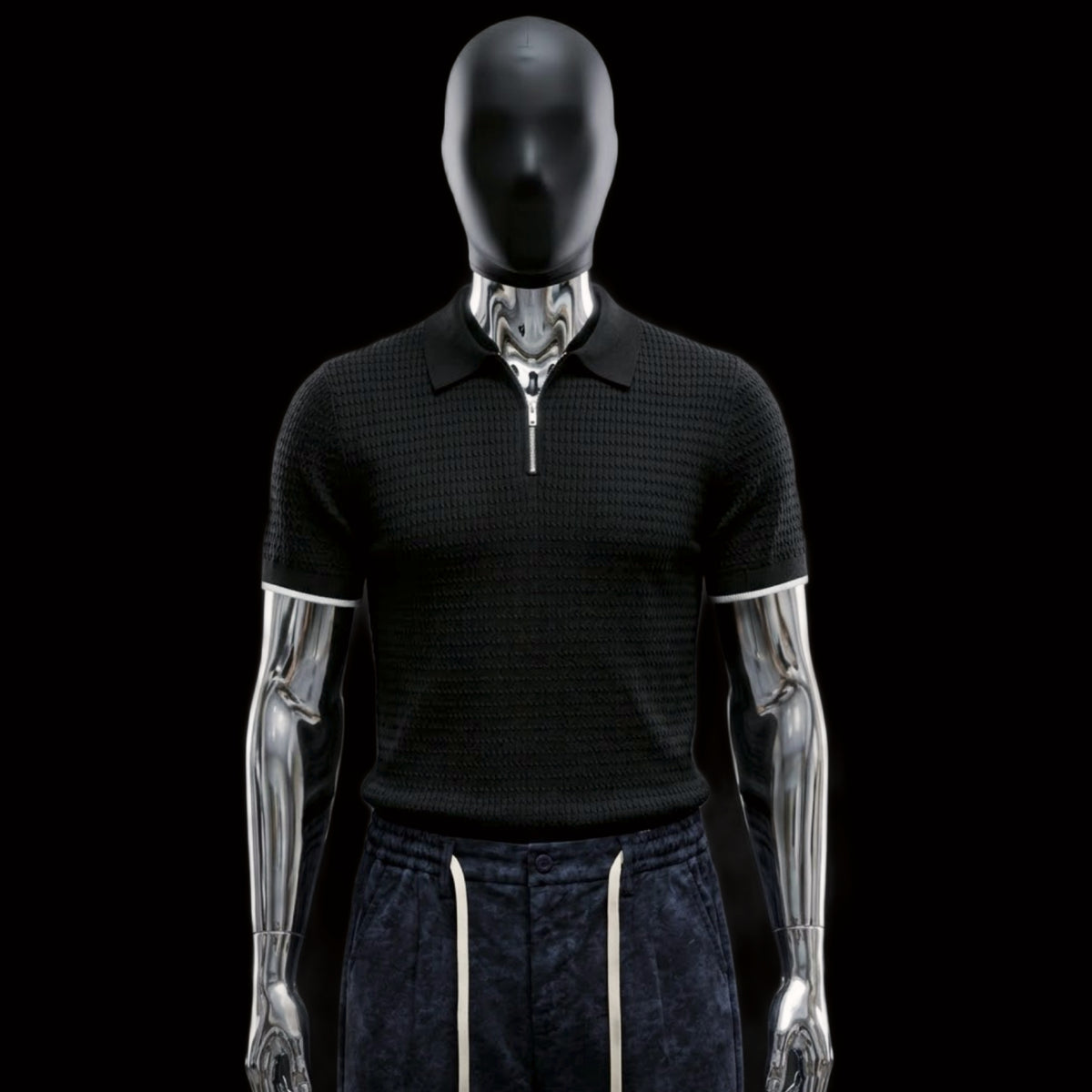 Onyx Noir Textured Knitted Zip Polo