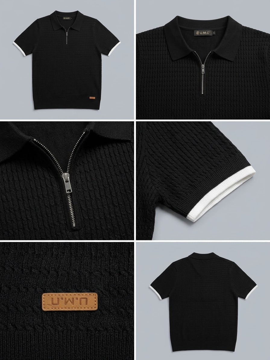 Onyx Noir Textured Knitted Zip Polo