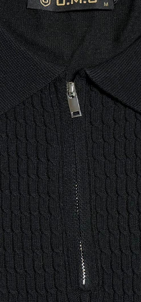 Onyx Noir Textured Knitted Zip Polo