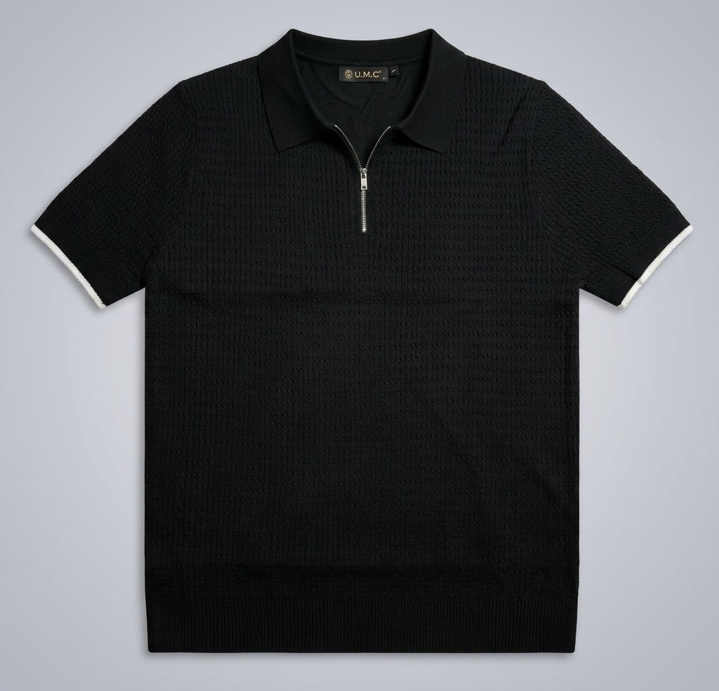 Onyx Noir Textured Knitted Zip Polo