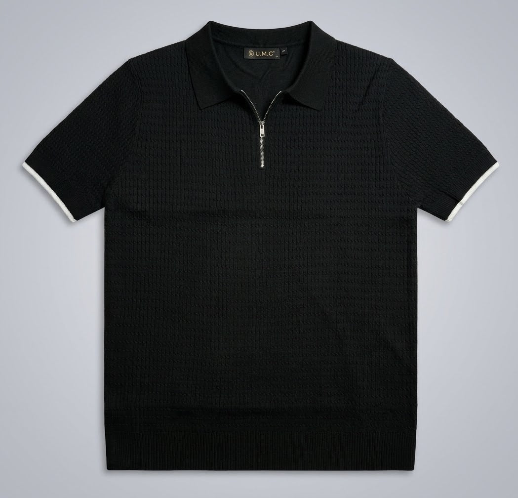 Onyx Noir Textured Knitted Zip Polo