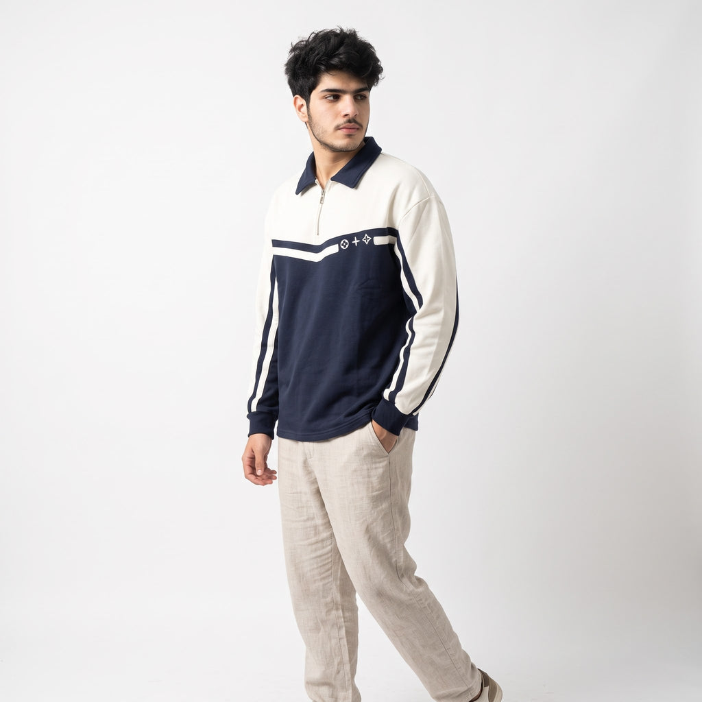 Retro Stripe Embroidered Half-Zip Polo Sweatshirt Cream & Navy Blue