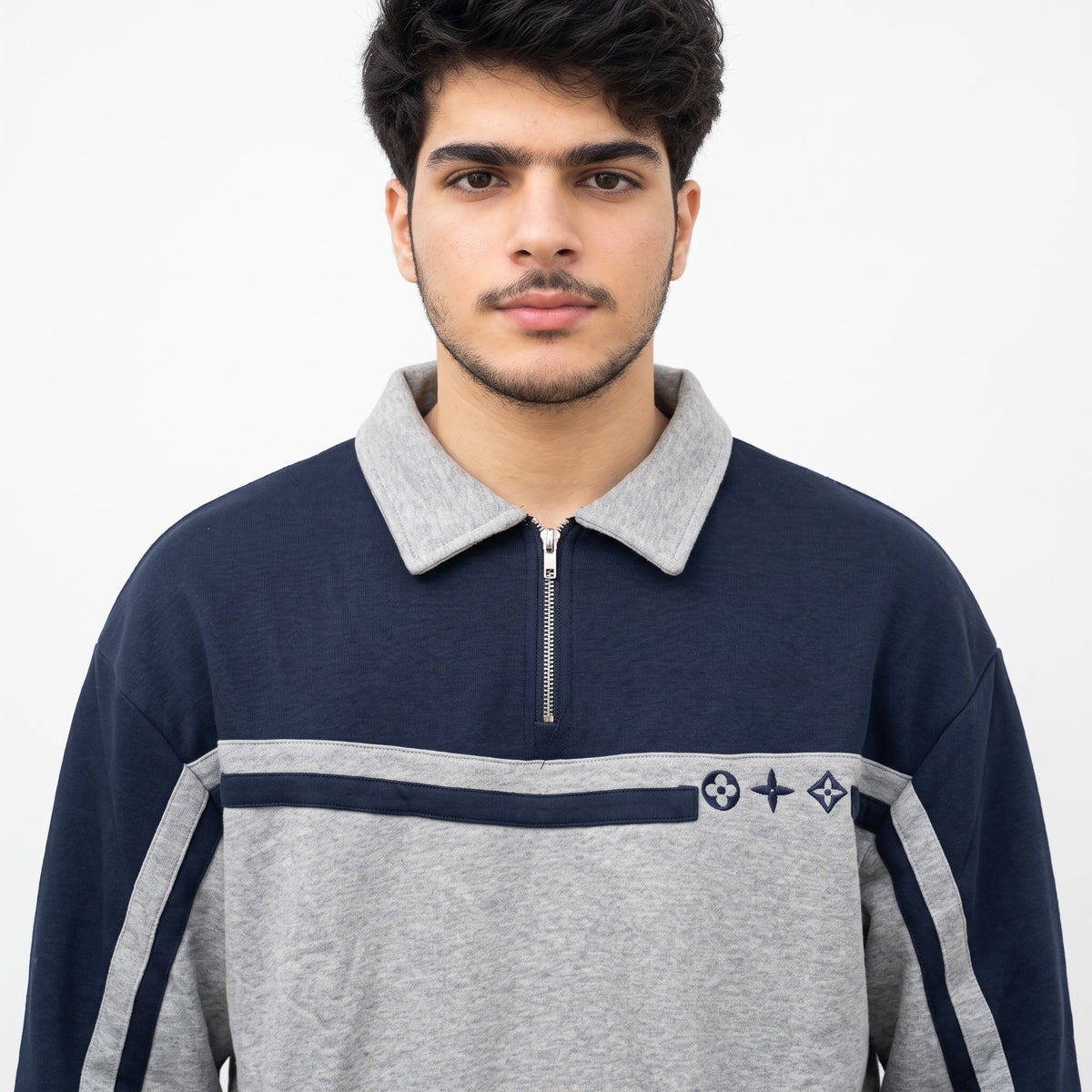 Retro Stripe Embroidered Half-Zip Polo Sweatshirt Heather Grey & Navy Blue